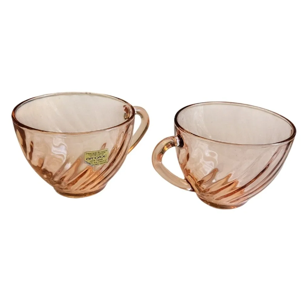 Vintage Arcoroc France Pink Swirl Glass‎ Teacups Set of 2 Heat Resistant